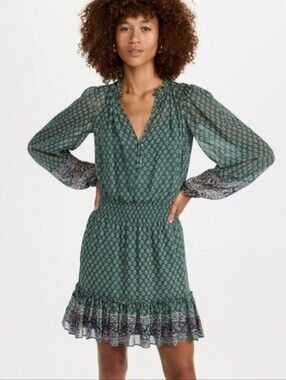 Veronica Beard Destiny Blouson Seaglass Multi Smocked Waist Dress